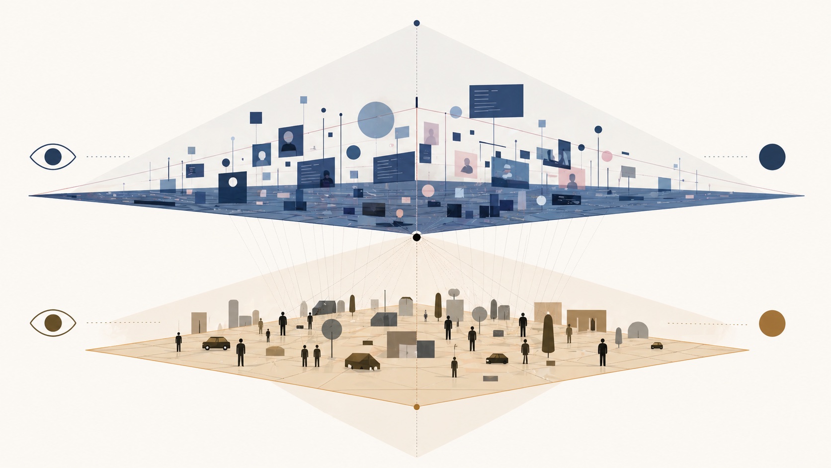 Human and artificial perspectives meeting across a shared cinematic landscape